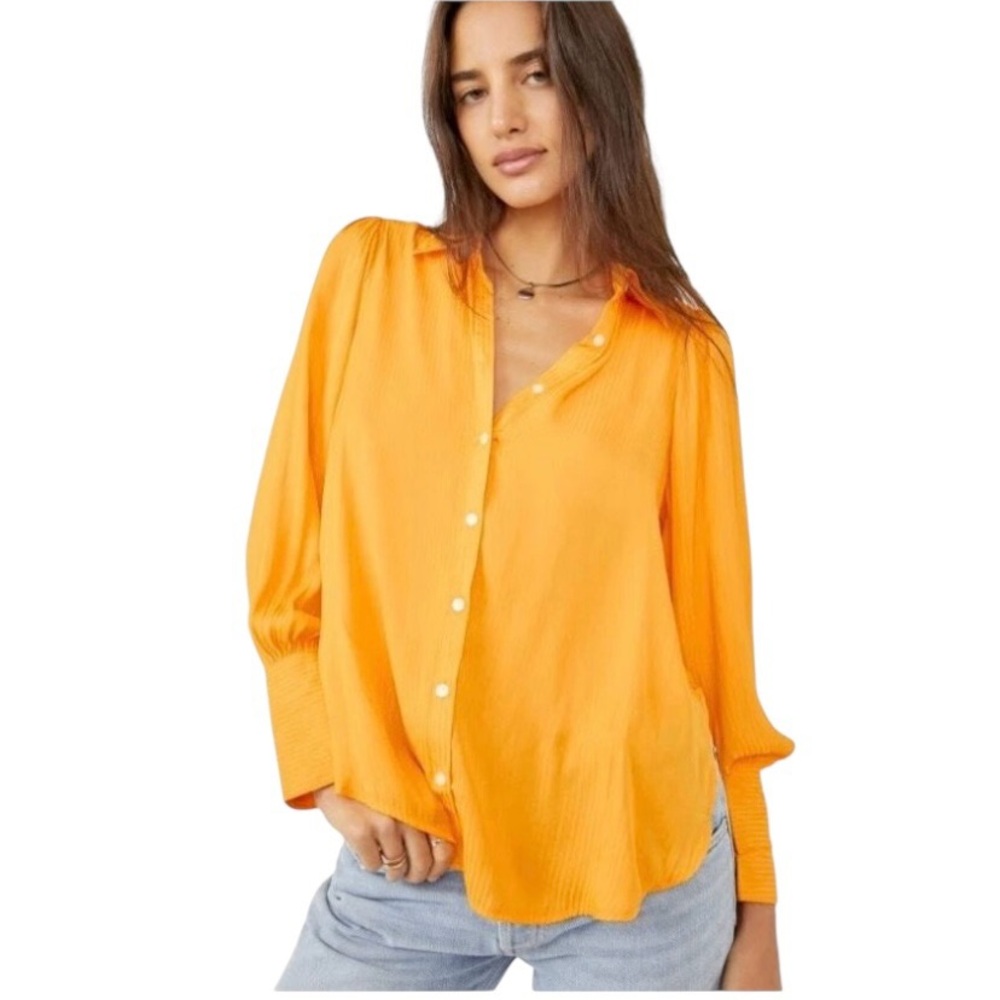 Free People Women’s Yellow Silky Button Down Long Sleeve Shirt Blouse Medium